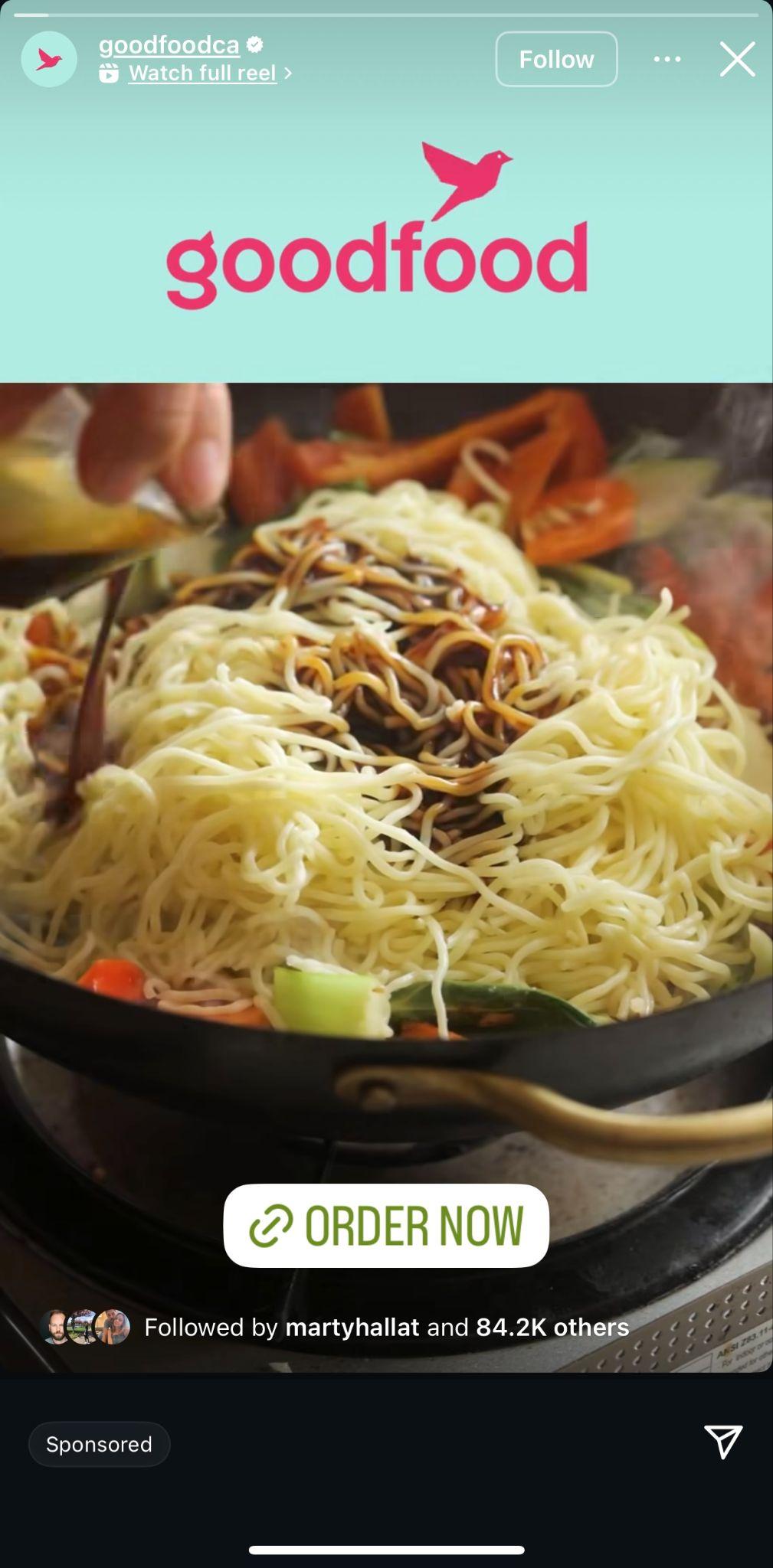 instagram story from goodfood that includes an order now sticker on the bottom of the screen