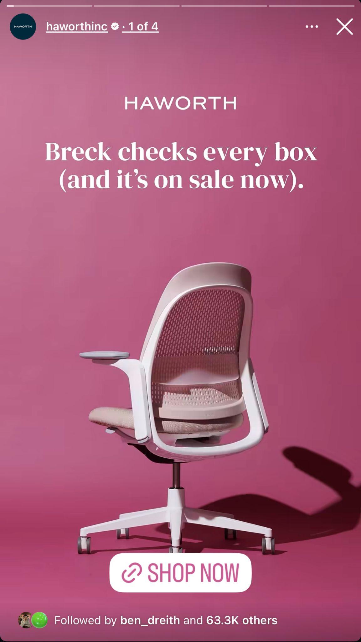 instagram story from haworth inc tat shows an ergonomic office chair with a shop now sticker overtop of it