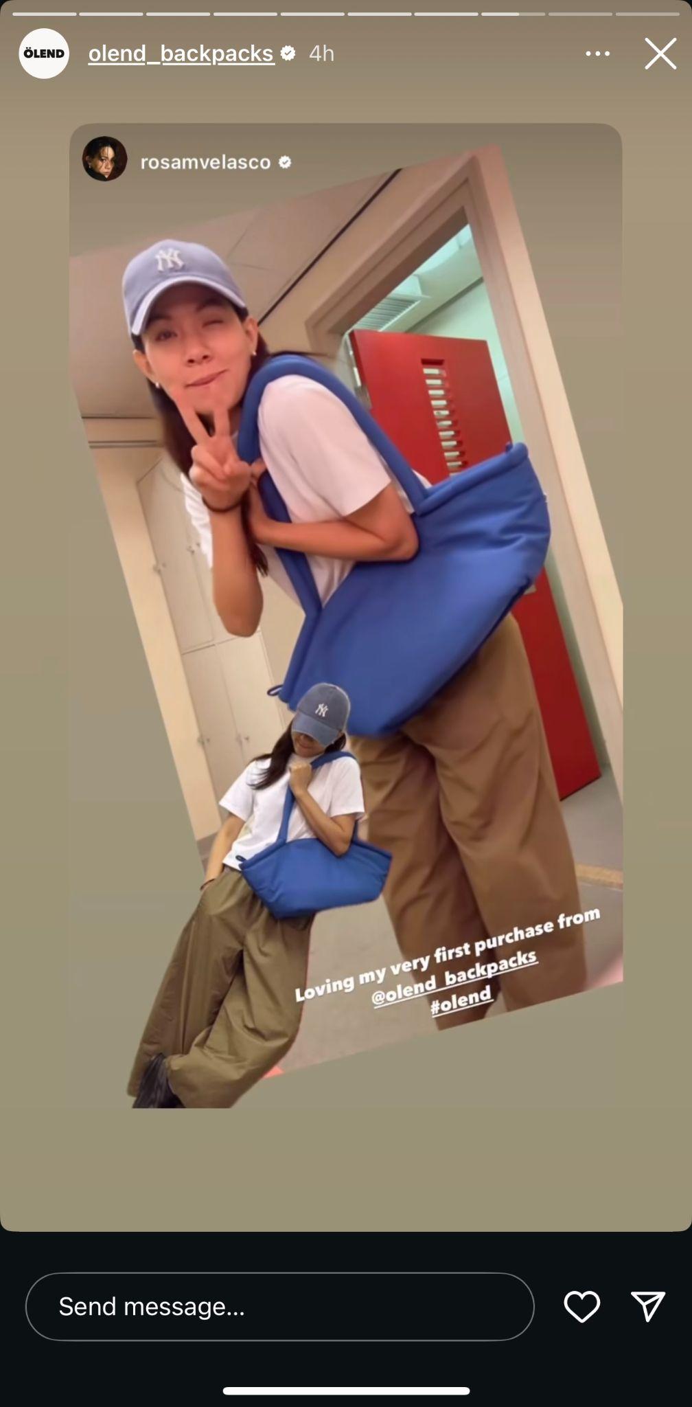 instagram story from olend backpacks resharing a post from an influencer wearing their blue shoulder bag