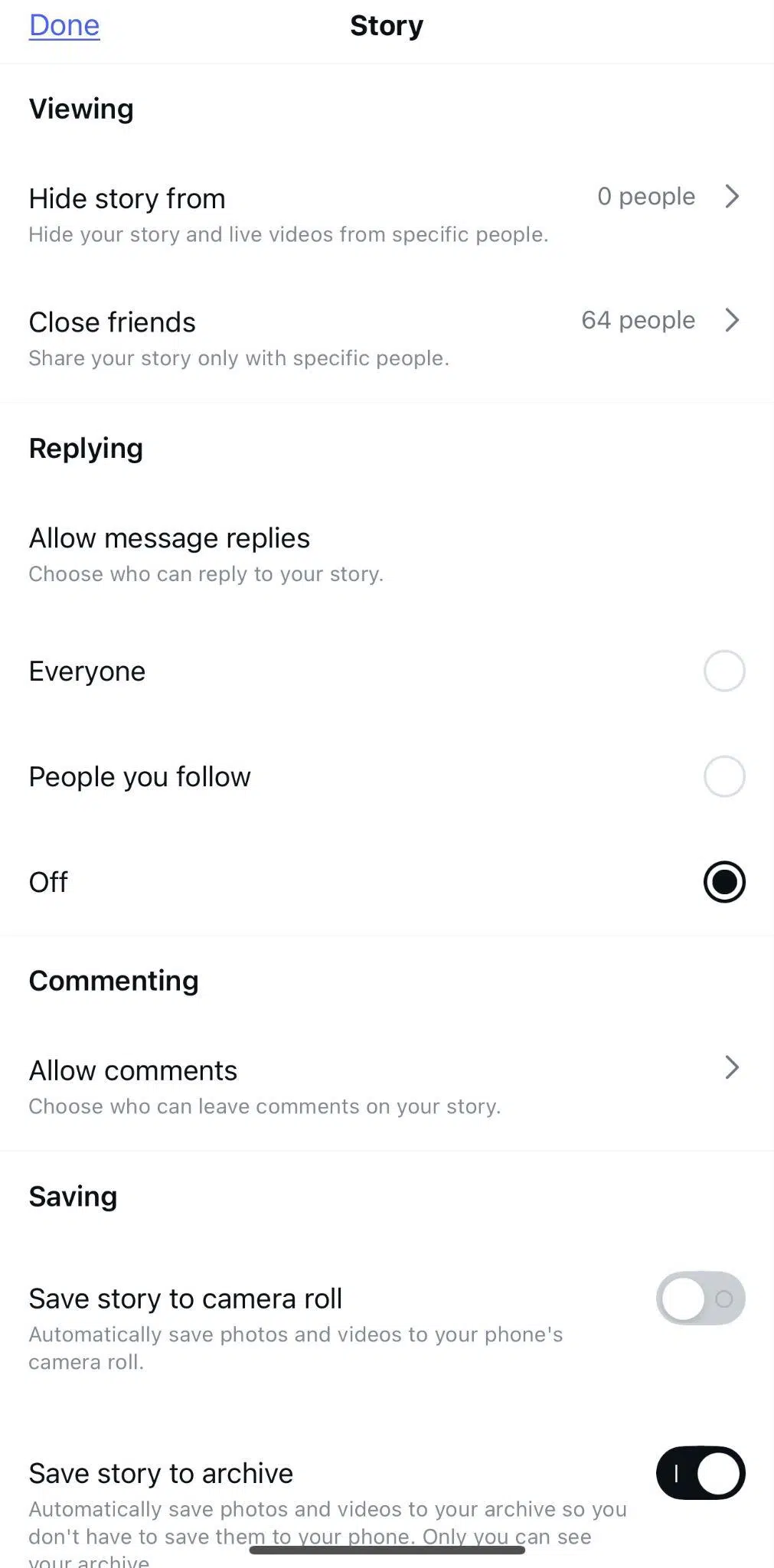 instagram story settings showing options for viewing, replying, commenting, and more