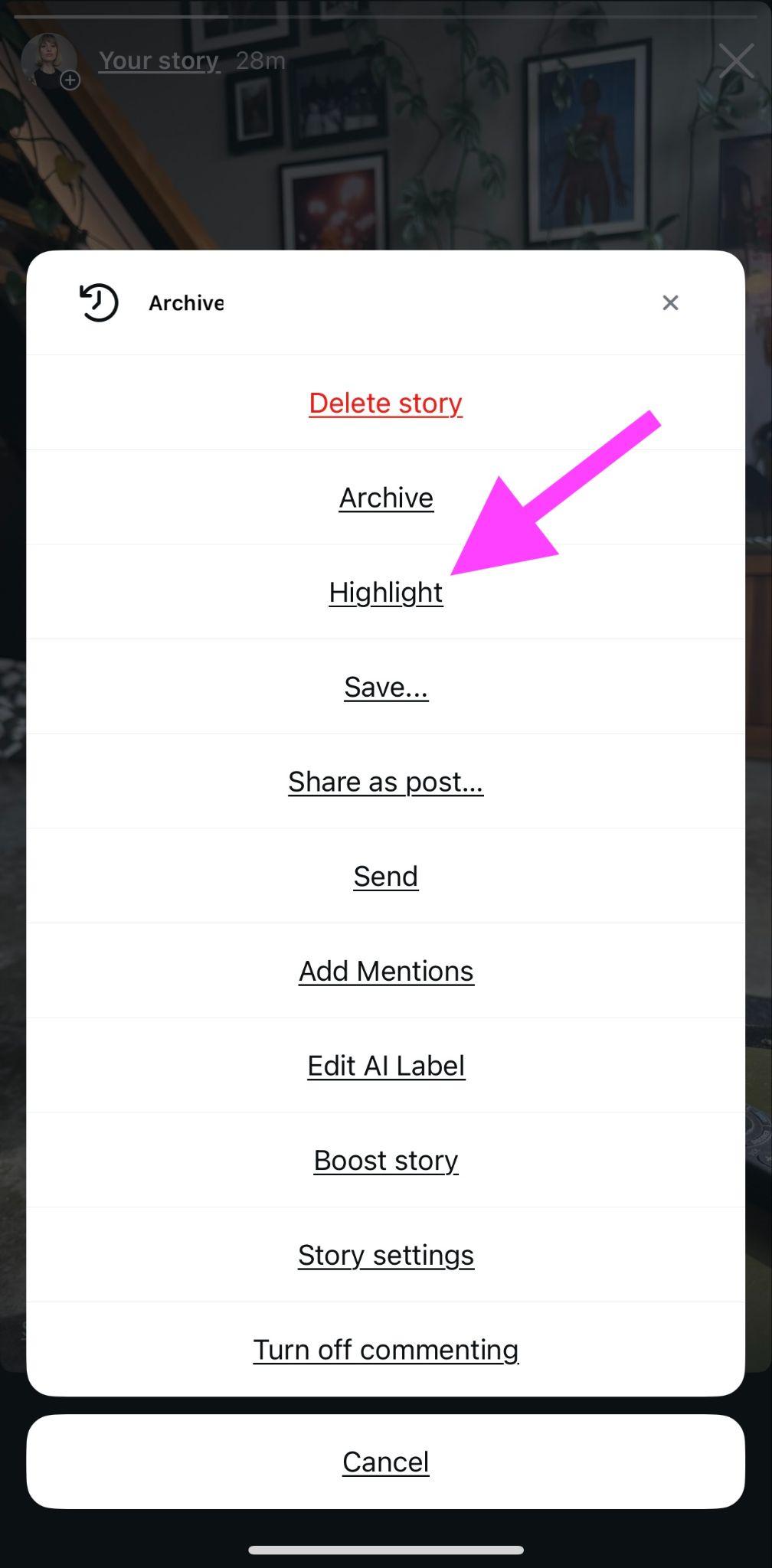 instagram story settings with a pink arrow pointing to the "highlight" button