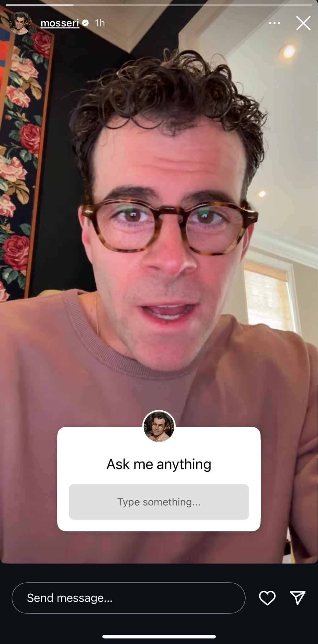 instagram story showing adam mosseri with an ask me anything sticker pinned to the story