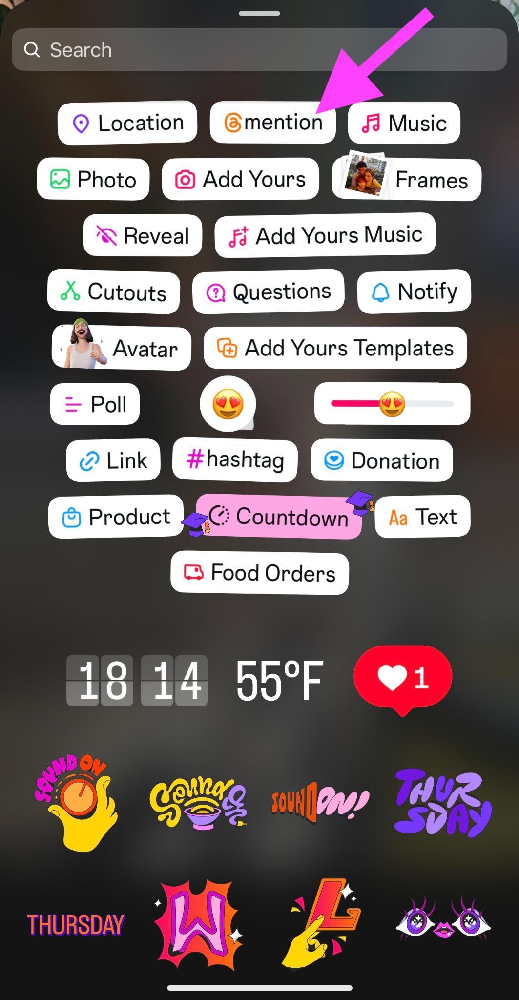 instagram story sticker screen with a pink arrow pointing to the mention sticker in the top middle of the screen