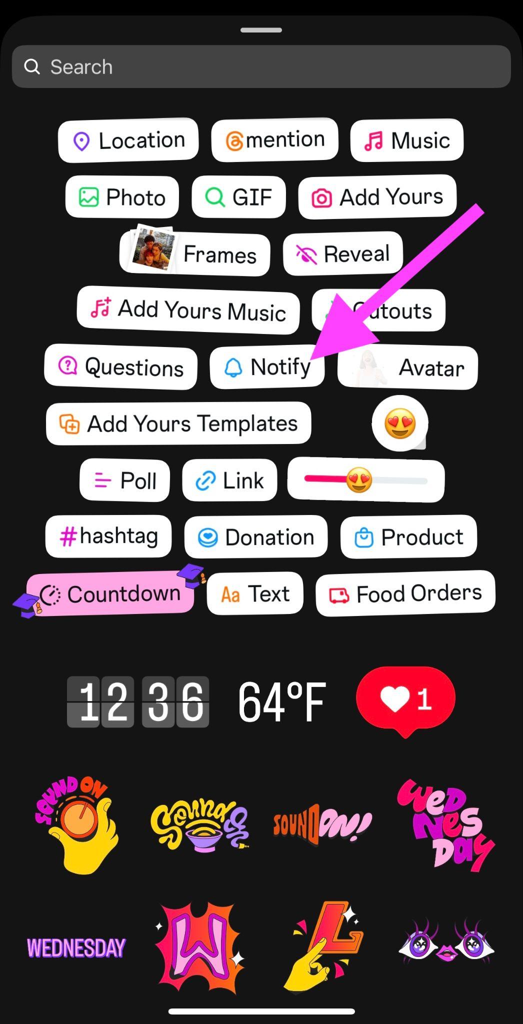 instagram story sticker screen with arrow pointing to "notify" button in middle of screen