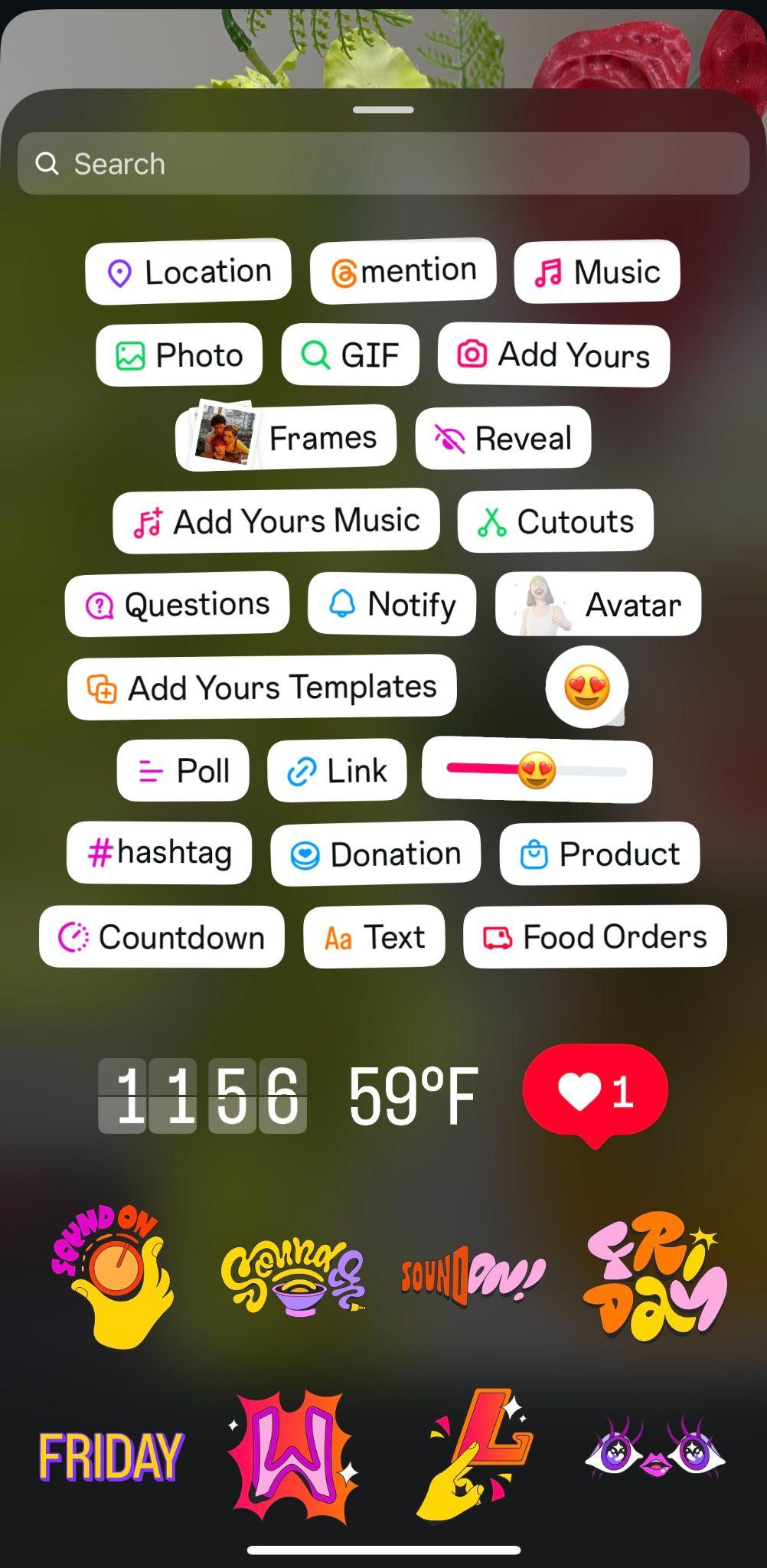 instagram story stickers page that shows a variety of sticker options such as location, mention, music, GIF, reveal, and more