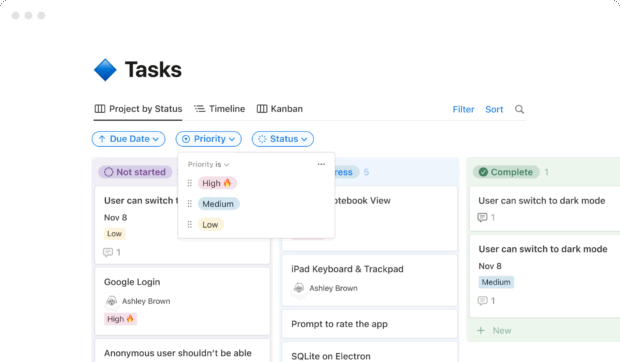 Kanban chart labelled "Tasks" showing a variety of tasks in columns of Not started, In progress, or Complete