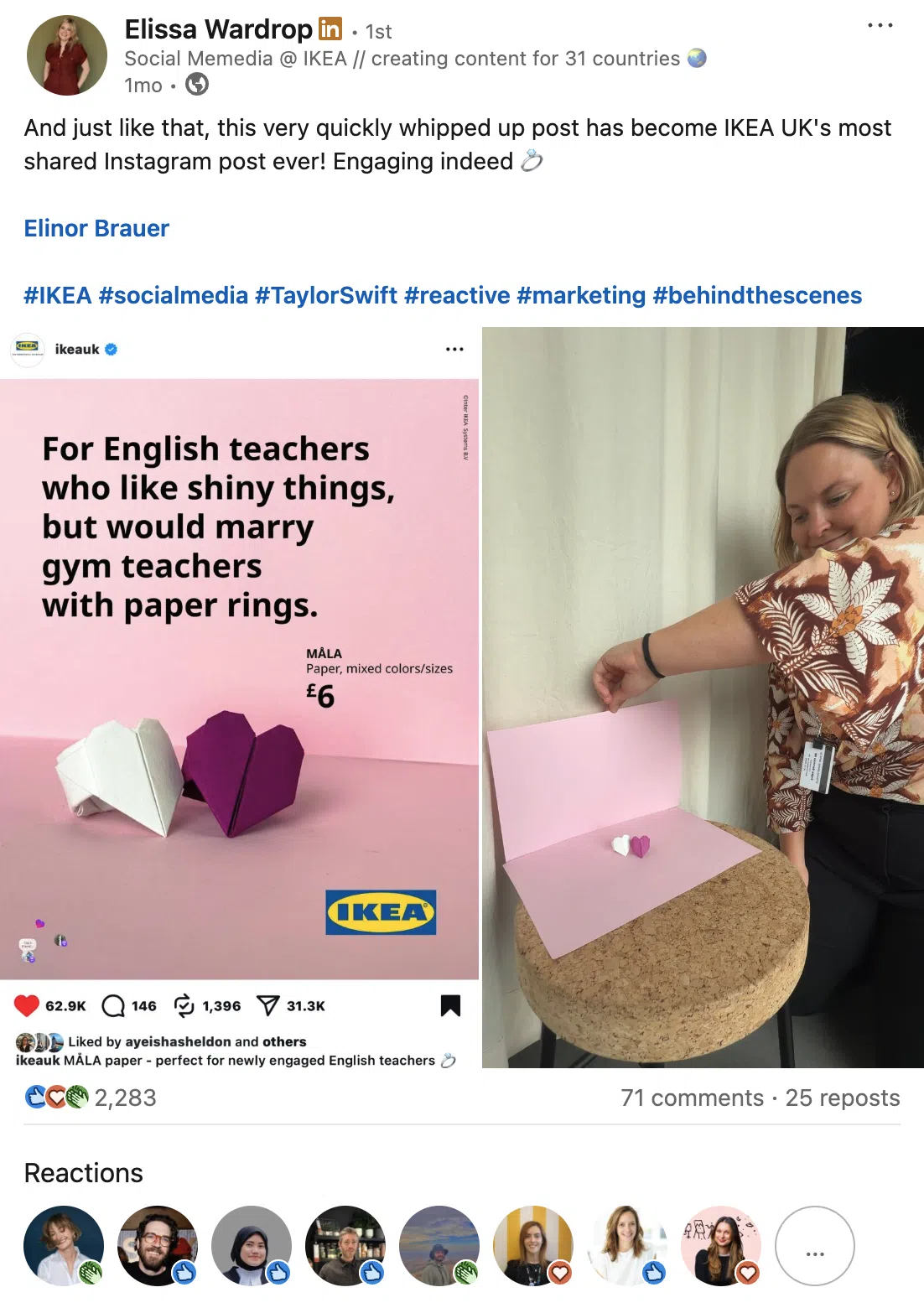 LinkedIn post by IKEA social media manager Elissa Wardrop showing a pink ad that reads, “For English teachers who like shiny things, but would marry gym teachers with paper rings.” Next to it, Elissa holds paper hearts used in the ad.