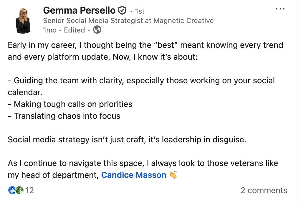 LinkedIn post from Gemma Persello saying how she tries to be the best leader in social media strategy.