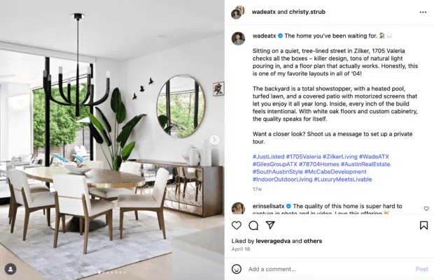 A modern dining room with white oak floors and custom cabinetry, featuring a large window overlooking a backyard with a heated pool, ideal for real estate social media marketing.