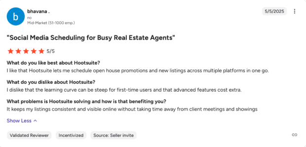 A review highlighting Hootsuite's benefits for "Social Media Scheduling for Busy Real Estate Agents," noting its ability to schedule open house promotions and new listings across multiple platforms, valuable for real estate social media marketing.