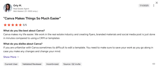 A review discussing how Canva "Makes Things So Much Easier" for real estate agents by simplifying the creation of flyers, branded materials, and social media posts, beneficial for real estate social media marketing.
