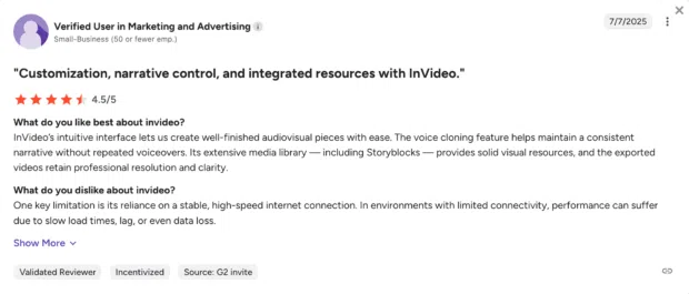 A review praising InVideo for "Customization, narrative control, and integrated resources," highlighting its intuitive interface, voice cloning, and extensive media library for creating audiovisual pieces, useful for real estate social media marketing.