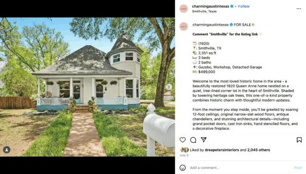 A historic 1920 Queen Anne home in Smithville, Texas, with a gazebo, workshop, and detached garage, listed for sale, ideal for real estate social media marketing.