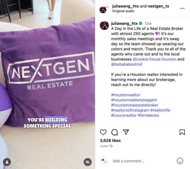 A purple pillow with "NEXTGEN REAL ESTATE" printed on it, representing a real estate brokerage with almost 250 agents in Houston, suitable for real estate social media marketing.