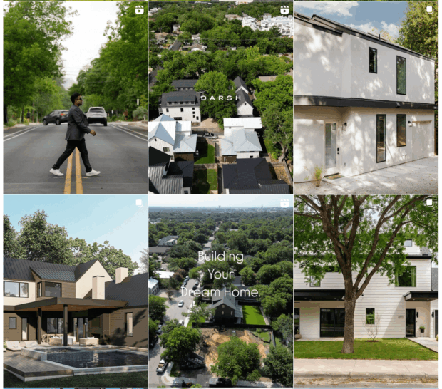 A collage of images showcasing modern homes and aerial views of a developing neighborhood, representing "Building Your Dream Home" for real estate social media marketing.