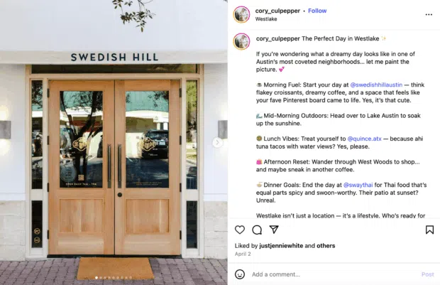 The entrance of "SWEDISH HILL" with wooden doors and glass panels, accompanying a post about "The Perfect Day in Westlake" in Austin, suitable for real estate social media marketing.