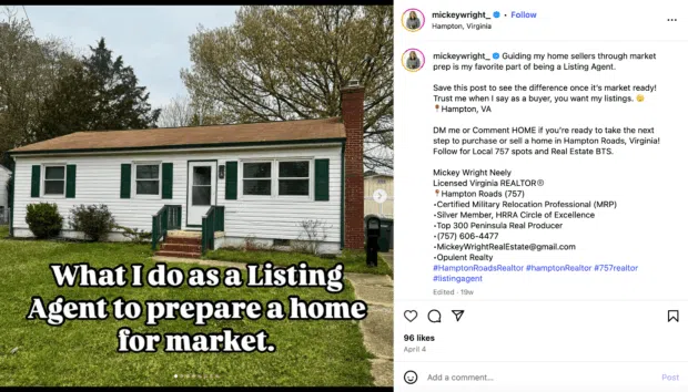 A single-story white house with green shutters and a red brick chimney, illustrating a listing agent's process of preparing a home for market in Hampton, Virginia, for real estate social media marketing.