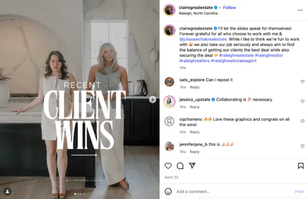 Two women standing in a modern kitchen with the text "RECENT CLIENT WINS," highlighting successful real estate transactions in Raleigh, North Carolina, for real estate social media marketing.