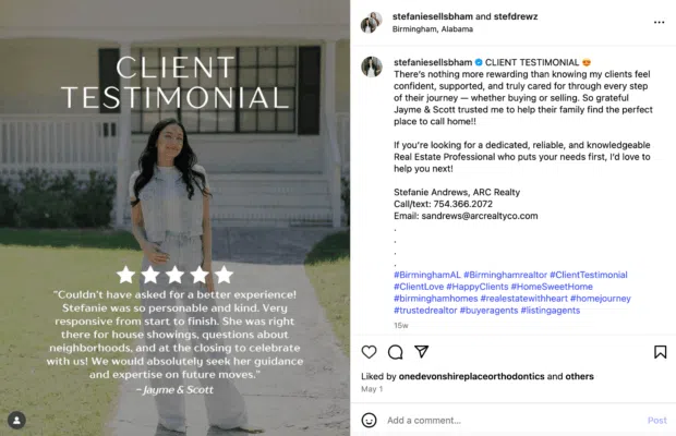 A woman standing on a porch with the text "CLIENT TESTIMONIAL," featuring a positive review from clients in Birmingham, Alabama, useful for real estate social media marketing.