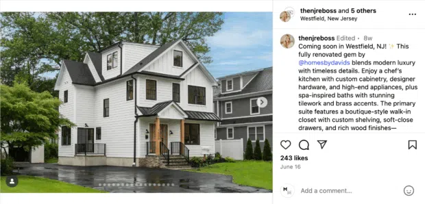 A newly renovated white house with black accents and a landscaped yard, advertised as "Coming soon in Westfield, NJ," perfect for real estate social media marketing.