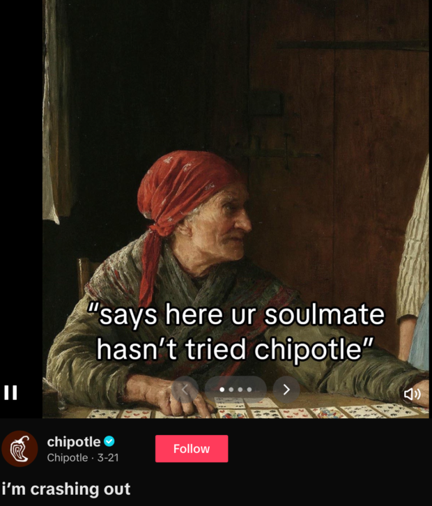 Screenshot from a TikTok video from Chipotle, showing an older woman wearing a red headscarf sitting at a table with playing cards. Overlaid text reads: “says here ur soulmate hasn’t tried chipotle.”
