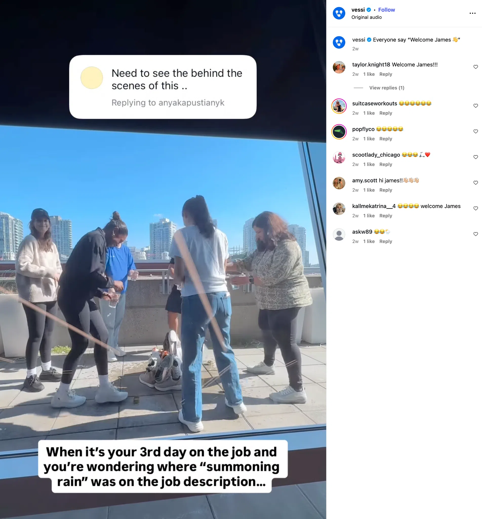 Screenshot of a Vessi Instagram video showing employees dancing on a rooftop with the caption: “When it’s your 3rd day on the job and you’re wondering where ‘summoning rain’ was on the job description.”