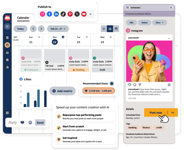 Screenshot the Hootsuite dashboard displaying a calendar alongside social media integration features.