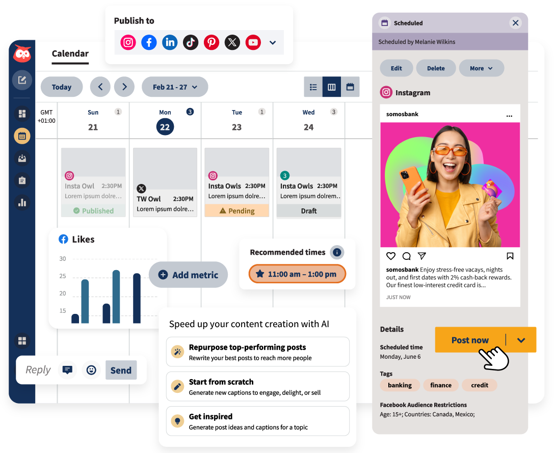 Screenshot the Hootsuite dashboard displaying a calendar alongside social media integration features.