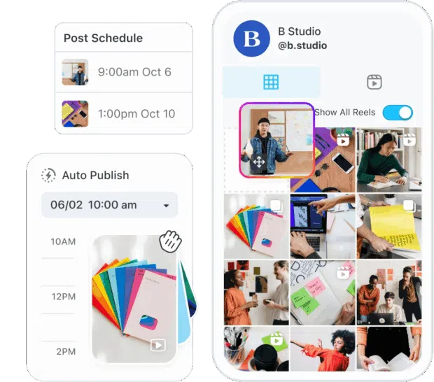Social media dashboard showing B Studio’s post grid, scheduled posts, and auto-publish tools for managing and organizing content.