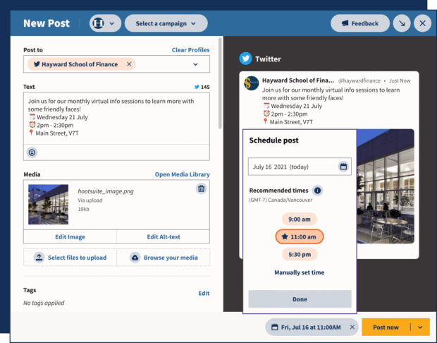 A Hootsuite interface for scheduling a new post for Hayward School of Finance, demonstrating a tool used for social media for nonprofits to manage content.