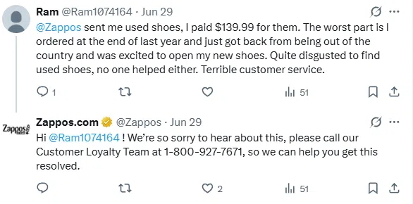 A social media post from Zappos responding to a customer complaint about used shoes, demonstrating customer service interaction on social media, relevant to social media hiring.