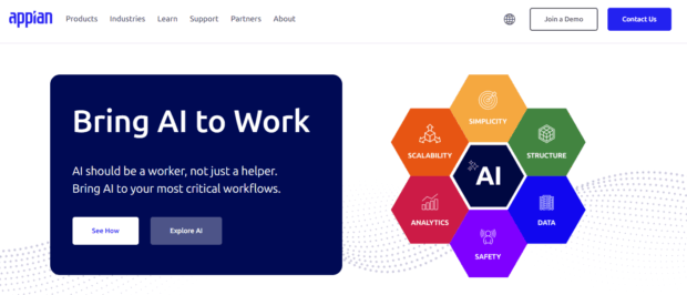 A webpage titled "Bring AI to Work" from Appian, discussing the integration of AI into workflows, which could impact the skills sought in social media hiring for advanced roles.