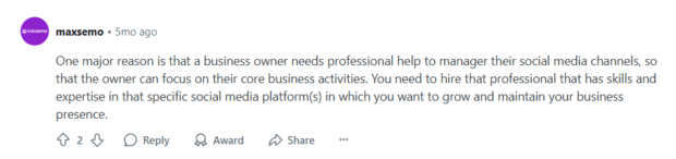 A social media post discussing the need for business owners to hire professionals for social media management to focus on core business activities, directly addressing social media hiring.