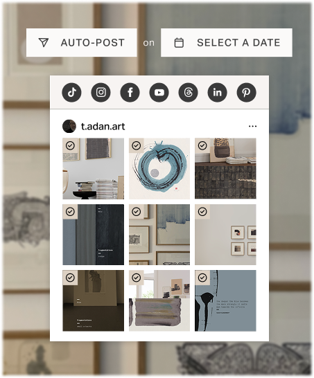 Visual social media grid showing nine posts drafted and ready to auto-post or schedule.