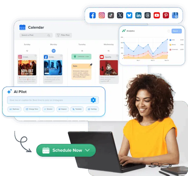 Woman on laptop with various graphs, a social media calendar, and an AI pilot icon floating above her.