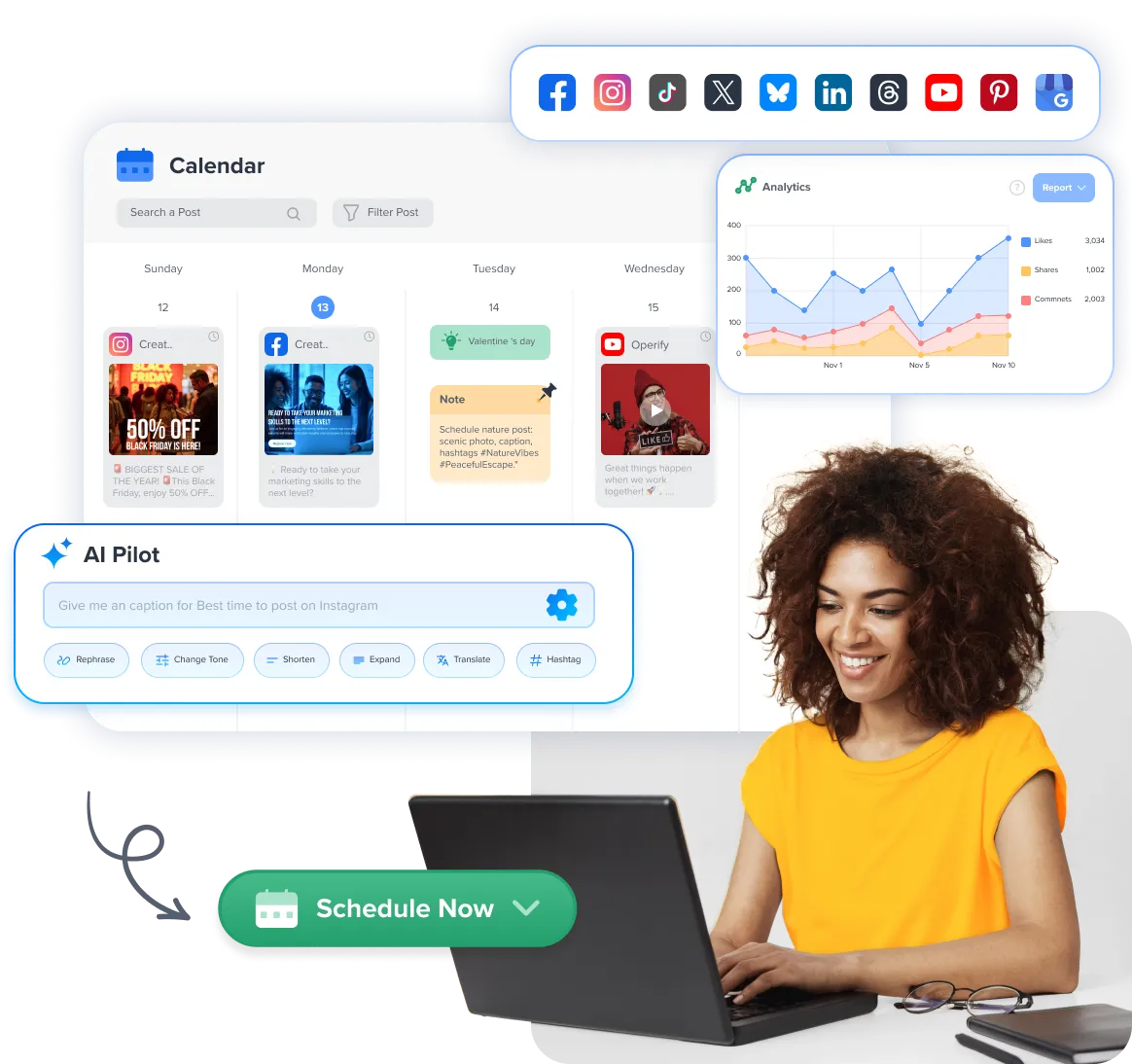 Woman on laptop with various graphs, a social media calendar, and an AI pilot icon floating above her.