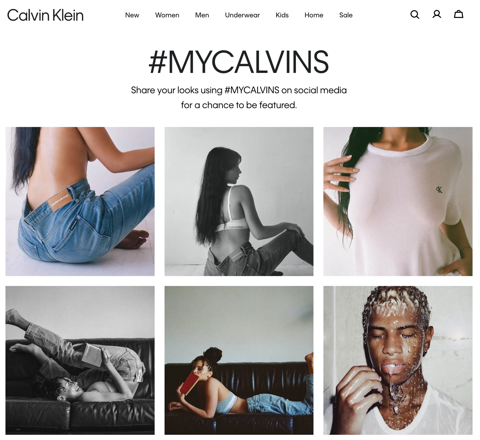 An e-commerce website displaying a collection of user-generated content under the hashtag #MYCALVINS, featuring diverse individuals in Calvin Klein apparel, encouraging others to share their looks.