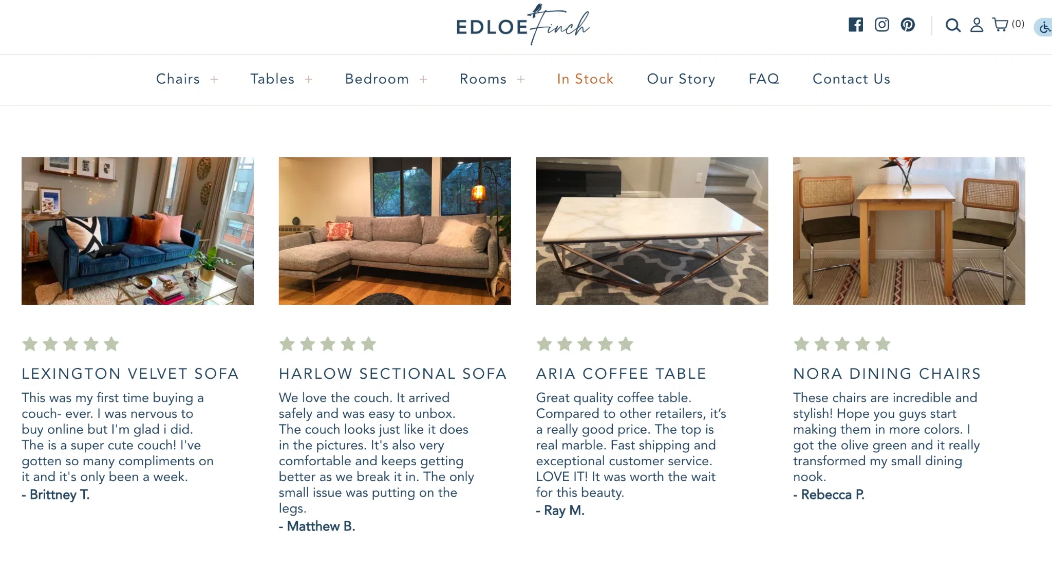 An e-commerce website for EDLOE finch furniture, featuring customer reviews and images of products like the "LEXINGTON VELVET SOFA" and "HARLOW SECTIONAL SOFA," demonstrating user-generated content in the form of product testimonials.
