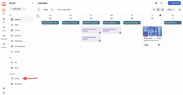Arrow point to the explore button from the Perch dashboard