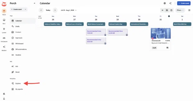 Perch dashboard with arrow pointing to the Explore button in the left-hand menu