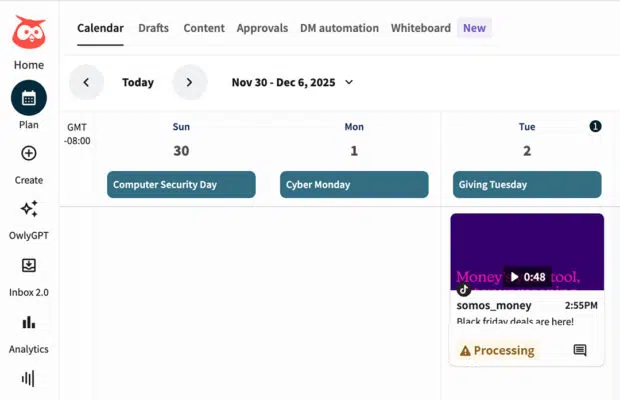 Screenshot of a Hootsuite Calendar showing a post with processing status
