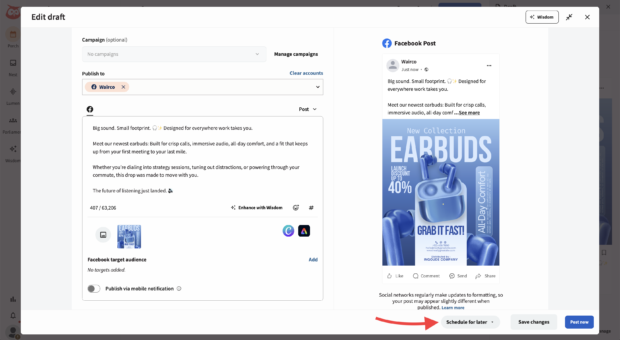 Arrow pointing to the Schedule for Later button in Perch Composer