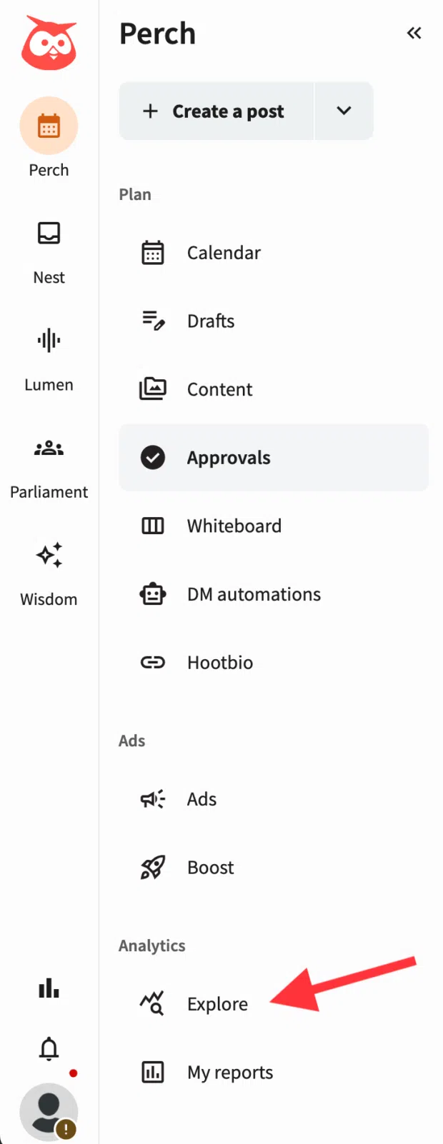 Perch dashboard with arrow point to Explore button