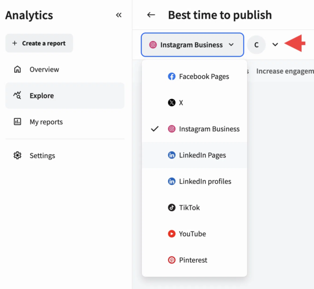 Best time to publish drop-down menu where you select your facebook account from the list