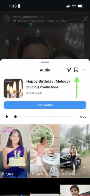 “Instagram Story music bookmark icon to save audio.”