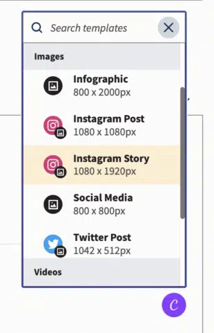 “Canva design menu with Instagram Story option selected.”