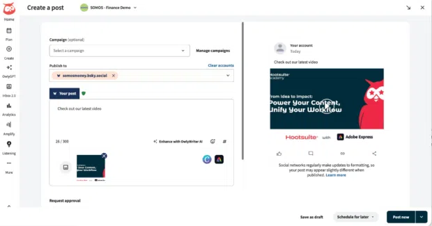 Screenshot of Adobe Express video tools inside Hootsuite Composer