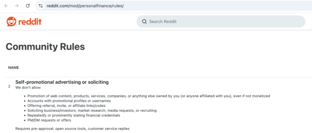 Community Rules screenshot from the r/personalfinance  reddit  community detailing restrictions against "Self-promotional advertising or soliciting."