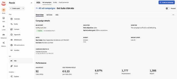 Overview of Facebook ad campaign in Perch