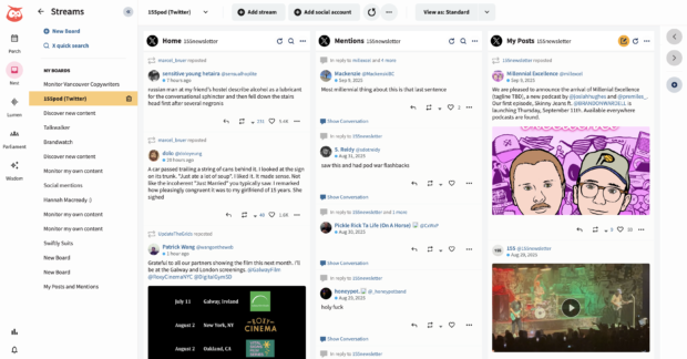 Nest by Hootsuite Streams showing X/Twitter mentions, posts, and real-time conversation activity.